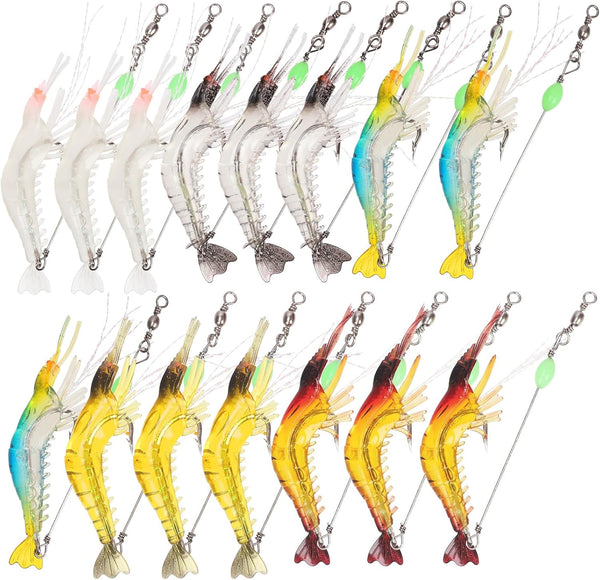 Hilitchi 15 Pcs Soft Shrimp Lures, Luminous Artificial Fishing Bait for Freshwater Trout, Bass, Salmon