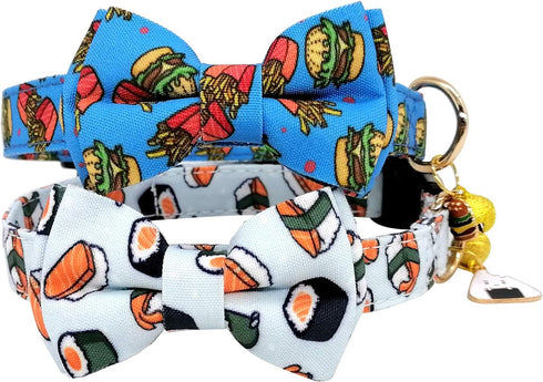 KUDES 2 Pack Print Dog Collars with Bow Tie, Adjustable Collars with Bells and Charm Safety Buckle for