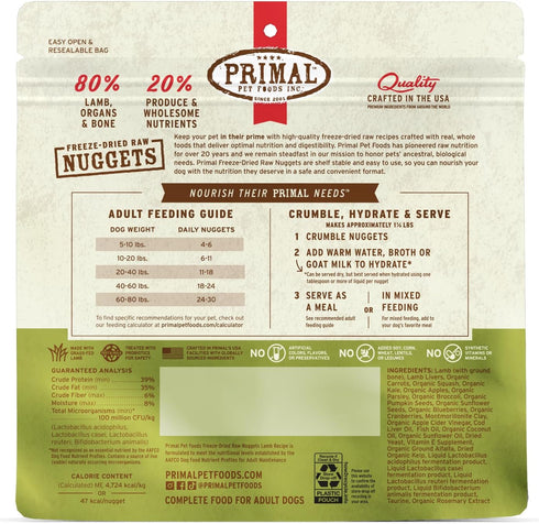 Primal Freeze Dried Raw Dog Food Nuggets, Lamb, Healthy, Grain Free, High Protein, 5.5 oz