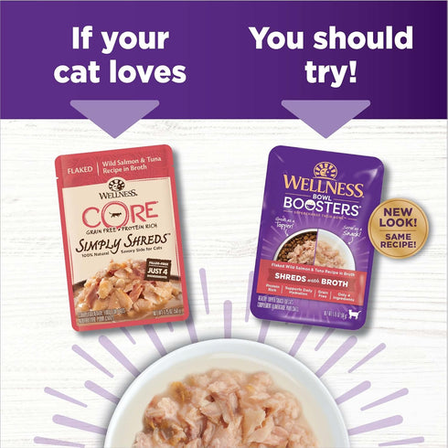 Wellness Bowl Boosters Grain Free Wet Cat Food Topper, Flaked Salmon & Tuna Recipe in 1.75 Ounce Pouches (Pack of 12)