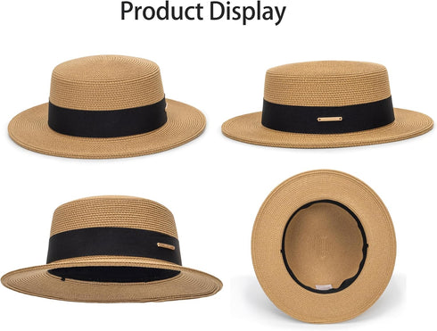 Straw Beach Sun Hat for Women Men, Pork-Pie Boater Hat, Summer Wide Brim UV-Rays Panama Hat