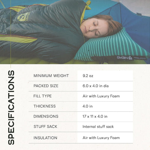 NEMO Fillo Backpacking & Camping Pillow, Soft Inflatable Travel Pillow with Integrated Stuff Sack