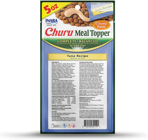 INABA Churu Meal Topper for Dogs, Creamy, Lickable Purée Dog Food Toppers, 1.69 Ounce Tube, 18 Tubes (3 per Pack), Tuna