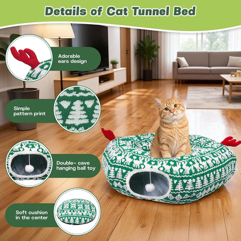 Petrendy Cat Tunnel Bed, Cute Cat Tunnels for Indoor Cats with Washable Mat, Hanging Ball, Collapsible Play Tunnel, Pet