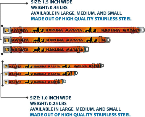 Dog Collar Seatbelt Buckle, Lion King Hakuna Matata, Sunset Oranges, Black, 9 to 15 Inches, 1.0 Inch Wide (DC-WDY030-S)