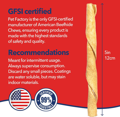 5in 5 Inches (Pack 1) Pet Factory American Beefhide Twist Sticks Dog Dental Chews - Natural Rawhide Dental Chews