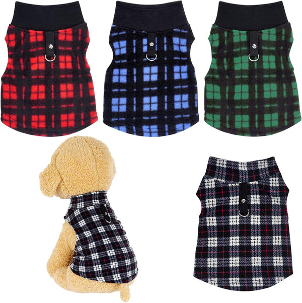 4 Pieces Buffalo Plaid Dog Sweaters with Leash Ring, Warm Fleece Vest Pullover for Small Puppy Cat Pets (X-Small)