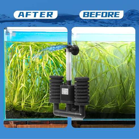 TARARIUM Electric Power Double Sponge Filter for 5-20 Gallon Fish Tank, Quiet Low Flow Foam Filter