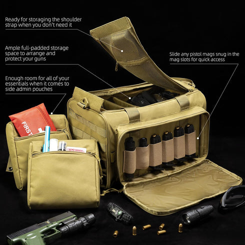 Range Bag for Handgun Ammo Shooting, L/XL Gun Case Carry 5+ Pistols with Lockable Zipper Molle Strap
