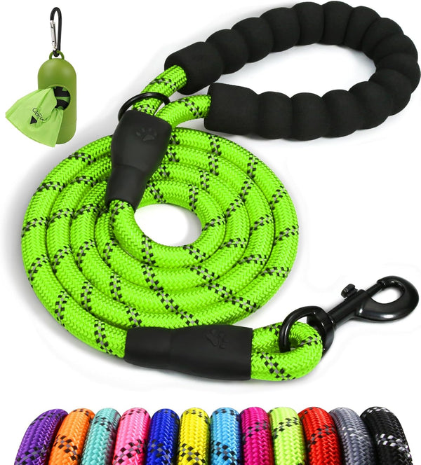 Taglory Rope Dog Leash 4 FT with Padded Handle, Highly Reflective Threads for Medium Large Dogs, 1/2 inch, Green
