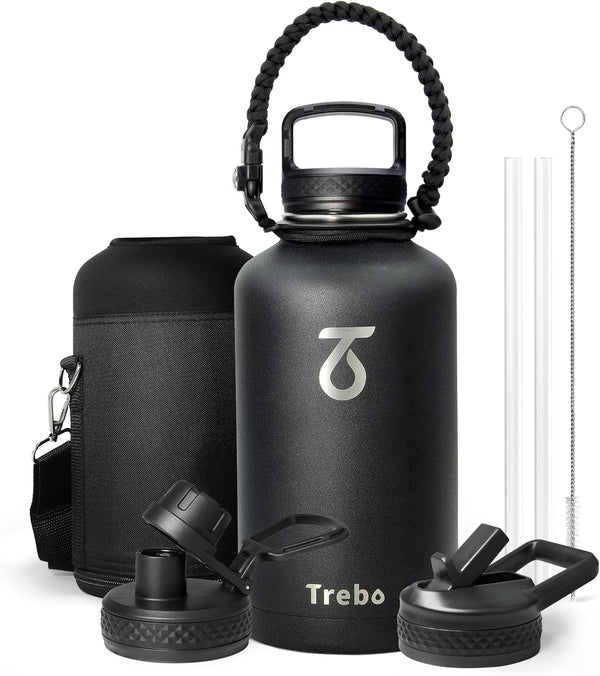 Trebo 64oz Half Gallon Water Bottle - Insulated Double Wall Stainless Steel Sports Flask with Paracord Handle, Black