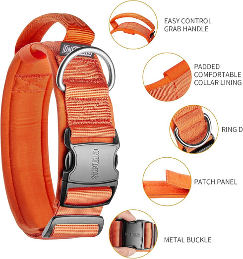 Tough Tactical Dog Collar with Handle, Military Adjustable Collar for Training (Medium, Orange)
