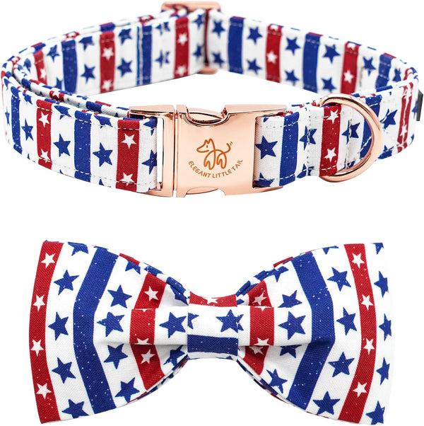 Elegant Little Tail Independence Day Dog Collar, American Flag Bowtie for 4th of July, Adjustable Soft Puppy Collar