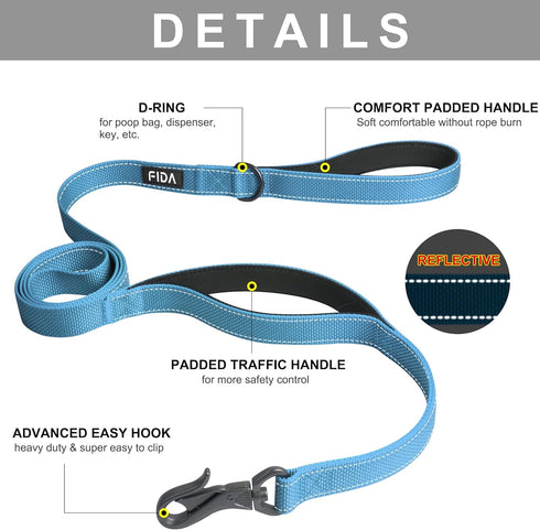 Fida 6 FT Heavy Duty Dog Leash with 2 Padded Handles, Traffic Handle & Easy Snap Hook for All Dog Breeds (Blue)