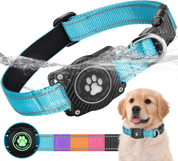 Airtag Dog Collar, Nylon Collar with Waterproof Holder, Reflective Adjustable Pet Collar for Heavy Duty Dogs