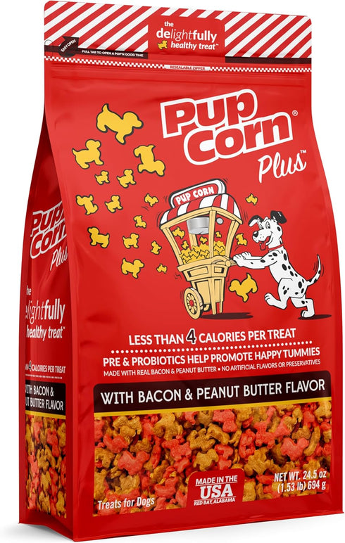 Plus - Puffed Dog Treats with Prebiotics and Probiotics - Bacon & Peanut Butter (24oz) - Made in USA