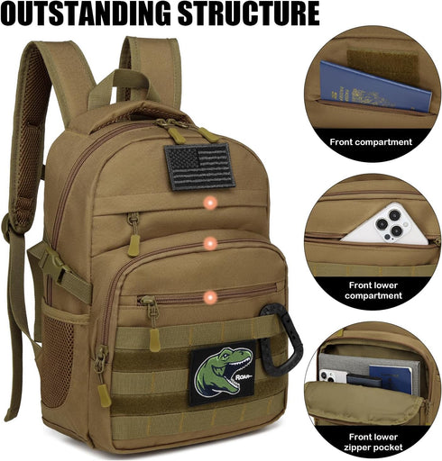 Kids Tactical Backpack, Army Molle Bookbag Military Boys Backpack for School, Outdoor, Camping, Brown