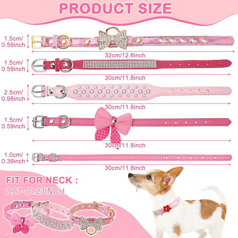 9 Pieces Pink Rhinestones Dog Collar, PU Leather Bling Crystal Collars with Bow, Bone, Heart, Flower for Pets