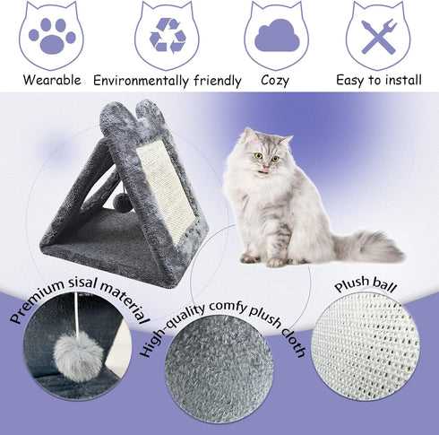 Fhiny Triangle Cat Scratching Post, Natural Sisal Cat Standing Scratch Board with Hanging Plush Ball Toy Pet Cave Nest Indoor Cats Pads Activity Center for Keeping Away from Furniture