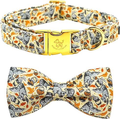 Elegant Little Tail Fall Dog Collar, Adjustable Squirrels Halloween Pet Bow Collar for X-Small Dogs