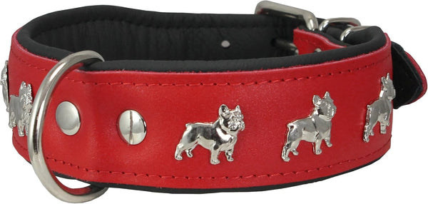 Real Leather Soft Padded Dog Collar - Bulldog (13"-15.25" Neck; 1.75" Wide, Red/Black)