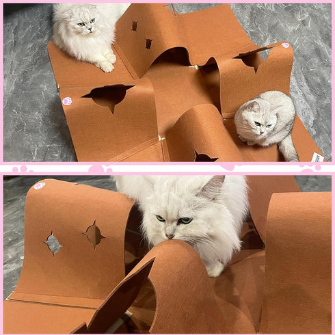 4-Way Interactive Cat Tunnel Mat for Indoor Cats, Felt Cat Cave with Hanging Ball, Foldable Kitty Play Mat and Hideout