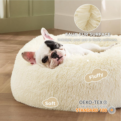 Bedsure Calming Dog Bed for Small Dogs - Donut Washable Bed, Round Anti-Slip Fluffy Plush Faux Fur Cat Bed, Oat Milk