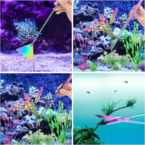 Quarium Aquascape Tools Kits, 4 in 1 Anti-Rust Aquatic Plant Aquascaping Tool Stainless Steel Black Tweezers Scissors Spatula for Aquarium Tank Clean Fish Tank Aquascape Tools Sets (Multicolor)