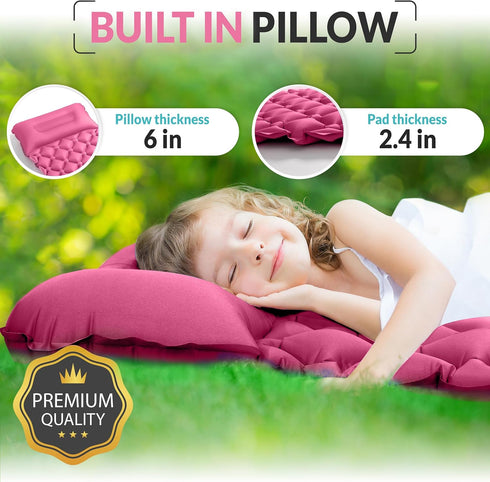 Kids Sleeping Pad for Camping and Sleepovers with Pillow, Inflatable Camping Mattress for Backpacking & Travel