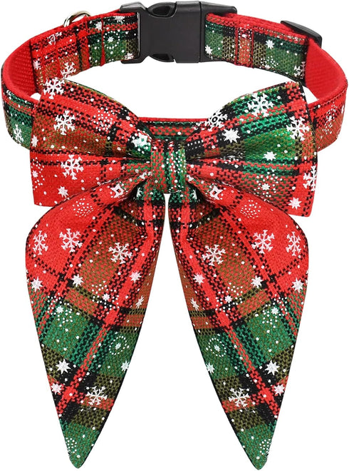 Malier Christmas Classic Plaid Dog Collar with Bow Tie, Soft Durable Holiday Collar for Small Medium Large Dogs (Red &