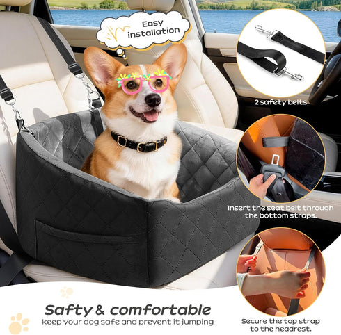KANGREST 30 Lbs, 2 Dog Car Seat for Small Dogs Up to Pet Travel Safety Bed for Puppy Cat, Fits in Front/Back Seat, Anti