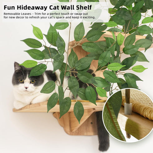 2 Meowoou Cat Wall Shelves with Leaves, Platform Cat Wall Furniture, Cat Tree Shelves, Rubber Wood Wall Perch with Mat