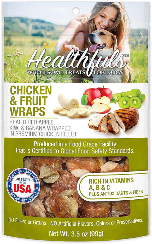 WESTMINSTER PET PRODUCTS Healthfuls Chicken Wrapped Fruit Treats, 3.5 oz - Dried Apple, Kiwi, Banana