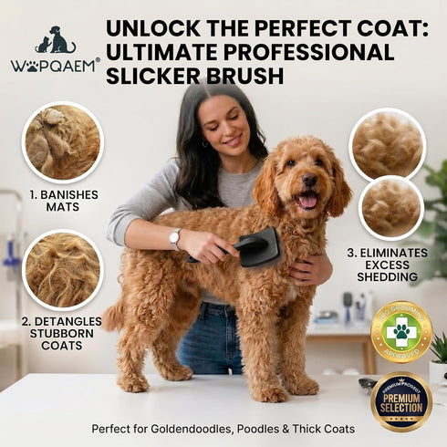 4-in-1 Wooden Slicker Brush for Dogs, Dog Brush Grooming Kit for Doodles Goldendoodles & Poodles - Gently Removes Loose