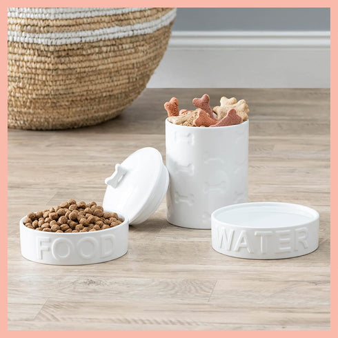 Park Life Ceramic Pet Bowls – Food Water Bowls for Small, Medium, Large Dogs and Cats - Cute Puppy Bowls (Medium, White)