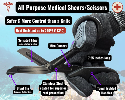 Stainless Steel Dive Scissors/Shears with Sheath and Swivel Clip for Fishing and Hunting
