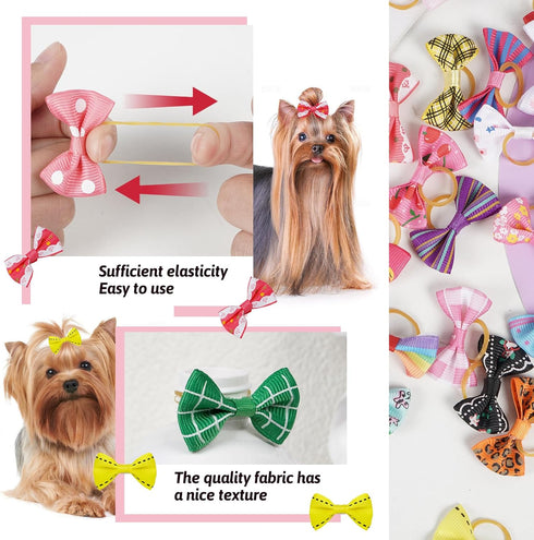 Chenkou Craft 50pcs/25pairs Puppy Yorkie Dog Hair Bows, Rubber Band Pet Grooming Products, Mix Colors & Patterns