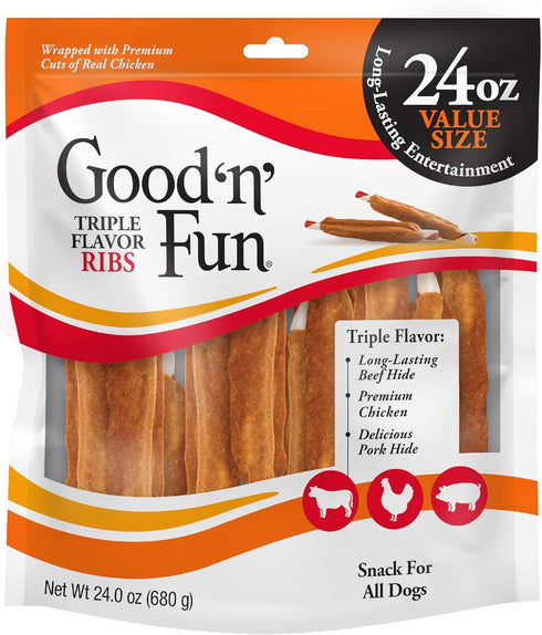 Good 'n' Fun Triple Flavor Ribs, 24 Ounces, Rawhide Chews for All Dogs