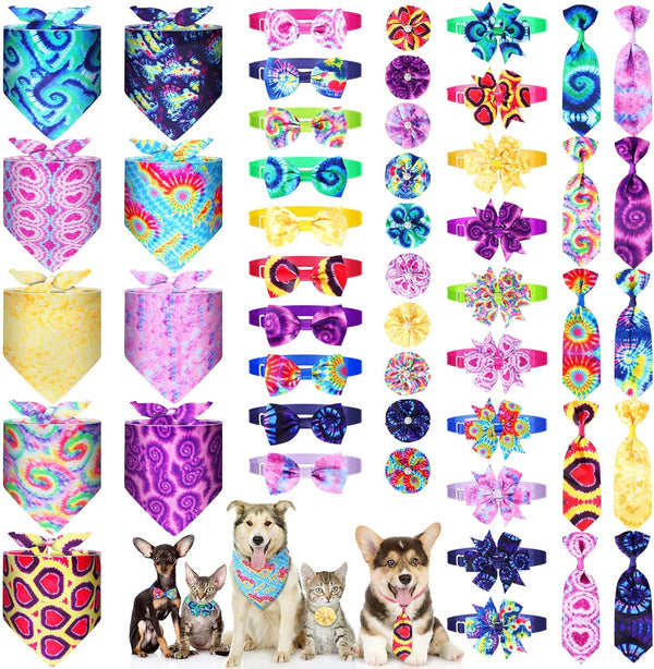 50 Pcs Colorful Dog Bandana Collar Set, Includes 10 Dog Bow Tie, 10 Necktie Collar, 10 Pet Scarf, 10 Dog Bow Flowers,