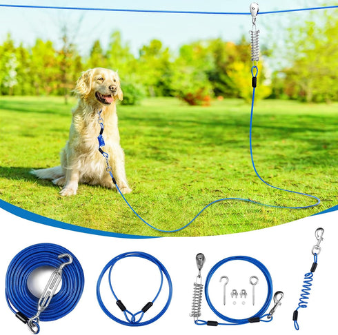 Upgraded Dog Runner for Yard, Trolley System with Elastic Cable for Large Dog