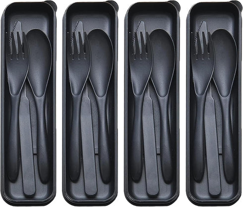 Reusable Travel Utensils Set with Case, 4 Sets Wheat Straw Portable Plastic Cutlery for Kids, Adults, Daily Use (Black)