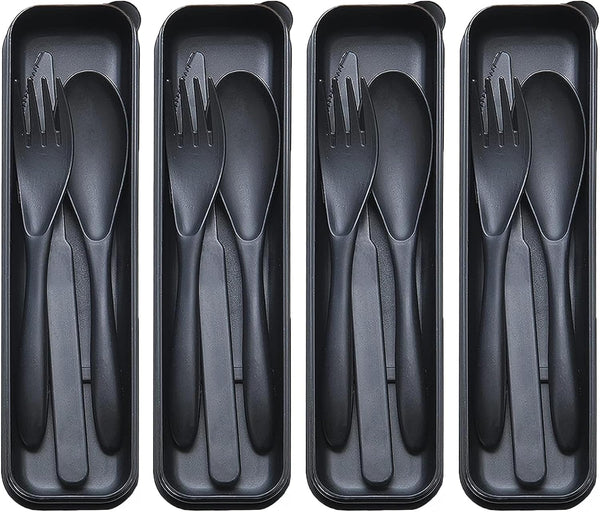 Reusable Travel Utensils Set with Case, 4 Sets Wheat Straw Portable Plastic Cutlery for Kids, Adults, Daily Use (Black)
