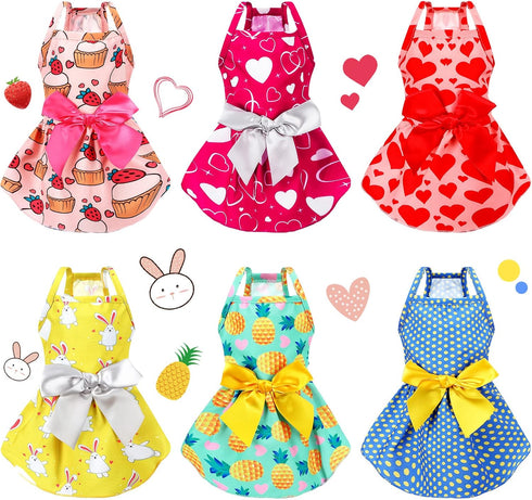 6 Pieces Puppy Dog Dress, Pet Bowknot Princess Floral Vest Skirt for Small Dog Cat Summer Apparel