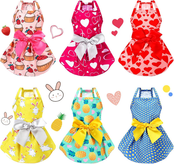 6 Pieces Puppy Dog Dress, Pet Bowknot Princess Floral Vest Skirt for Small Dog Cat Summer Apparel