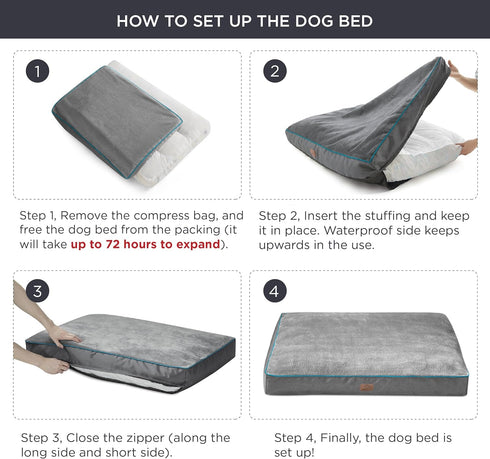 Bedsure Entire Waterproof Large Dog Bed, 4 inch Thick for Up to 80lbs, Removable Washable Cover, Grey.