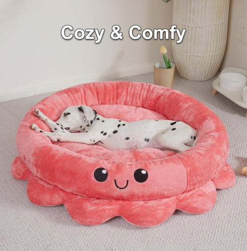 Jiupety Cute Calming Dog Bed, Anxiety Bolster Dog Bed with Octopus Shape for Large Dogs - Pink, Red