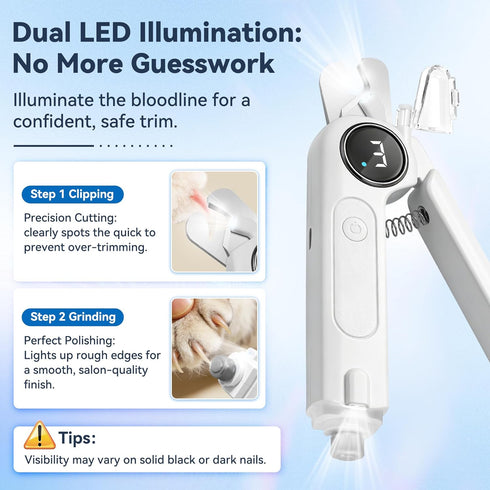2-in-1 Trimmer 3 Dog Nail Clippers & Grinder with Light, Quiet Electric Pet Nail for Large Medium Small Dogs & Cats