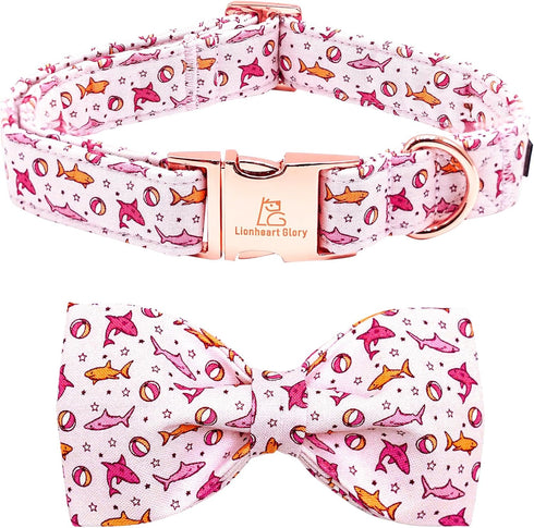 Lionheart Glory Shark Print Dog Bow Collar, Adjustable Pink Summer Spring Collar with Bowtie for Large Dogs