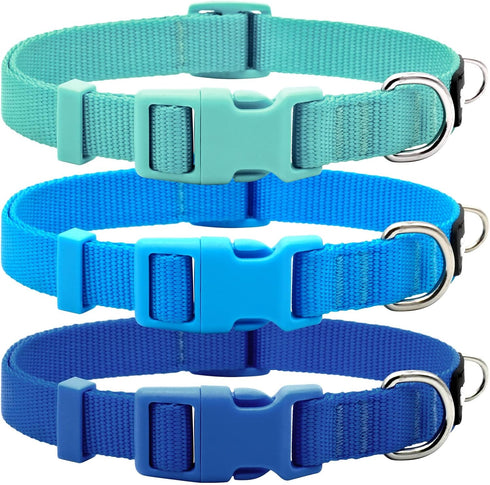 azuza 3 Pack Adjustable Nylon Dog Collars for Small Dogs, S (11-16 inch) - Green, Blue, Royal Blue