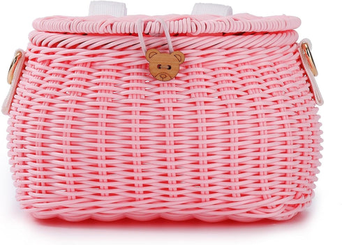 Kids Bike Basket Set, Handwoven Rattan Basket for Bike Scooter Tricycle with Lid and Shoulder Strap
